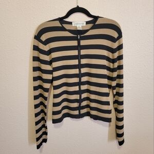 Jones New York Black Tan Full Zip Long Sleeve Knit Striped 90s Vintage Top Chic